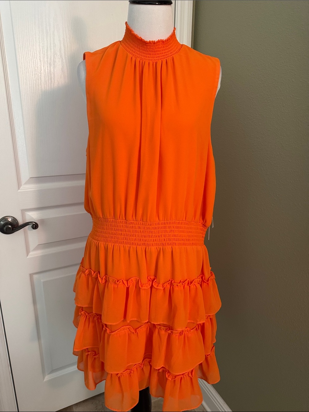 1. State Bright Orange Sleeveless Ruffled Dress